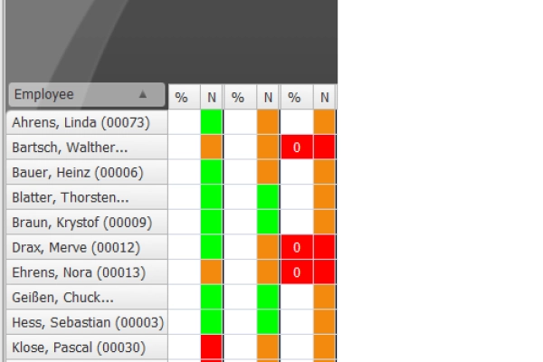 Validations and target hours are organized and analyzed for each employee in this clear table.
