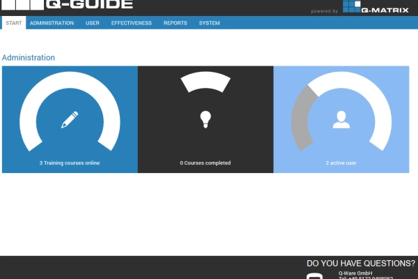The clear Q-Guide dashboard provides the status of assigned learning topics and current developments.