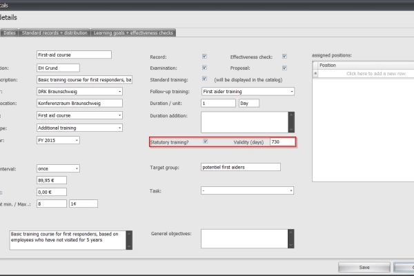 Setting the validity of a training by the HR department