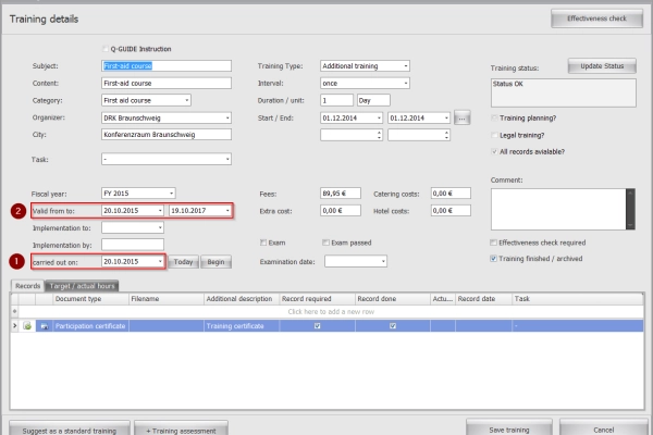 Validity is calculated automatically after entering the implementation date of an action.