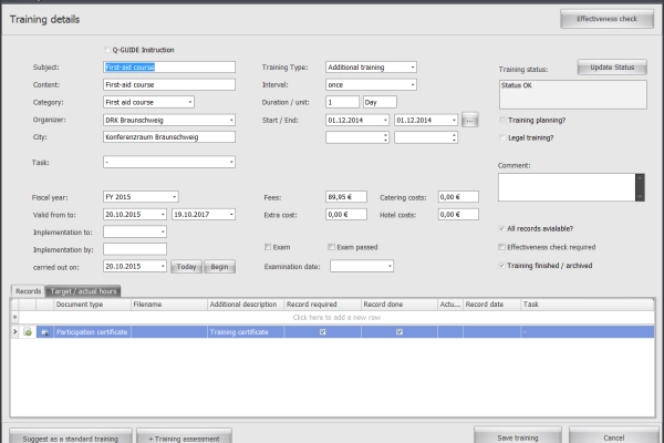 The training details contain all organizational key points, and you can define verification obligations and target hours for the time frame of the training.