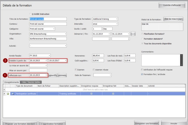 Validité calculée automatiquement après la saisie de la date d'exécution d'une formation.