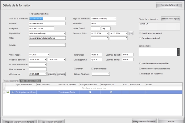 Les détails de la formation contiennent tous les points clés de l'organisation et vous pouvez définir les obligations de justification et les heures théoriques pour le cadre temporel de la formation.