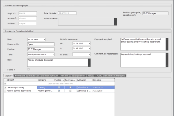 Dans le module d'entretien individuel vous pourrez capturer les objectifs, priorités et besoins de formations de vos employés.